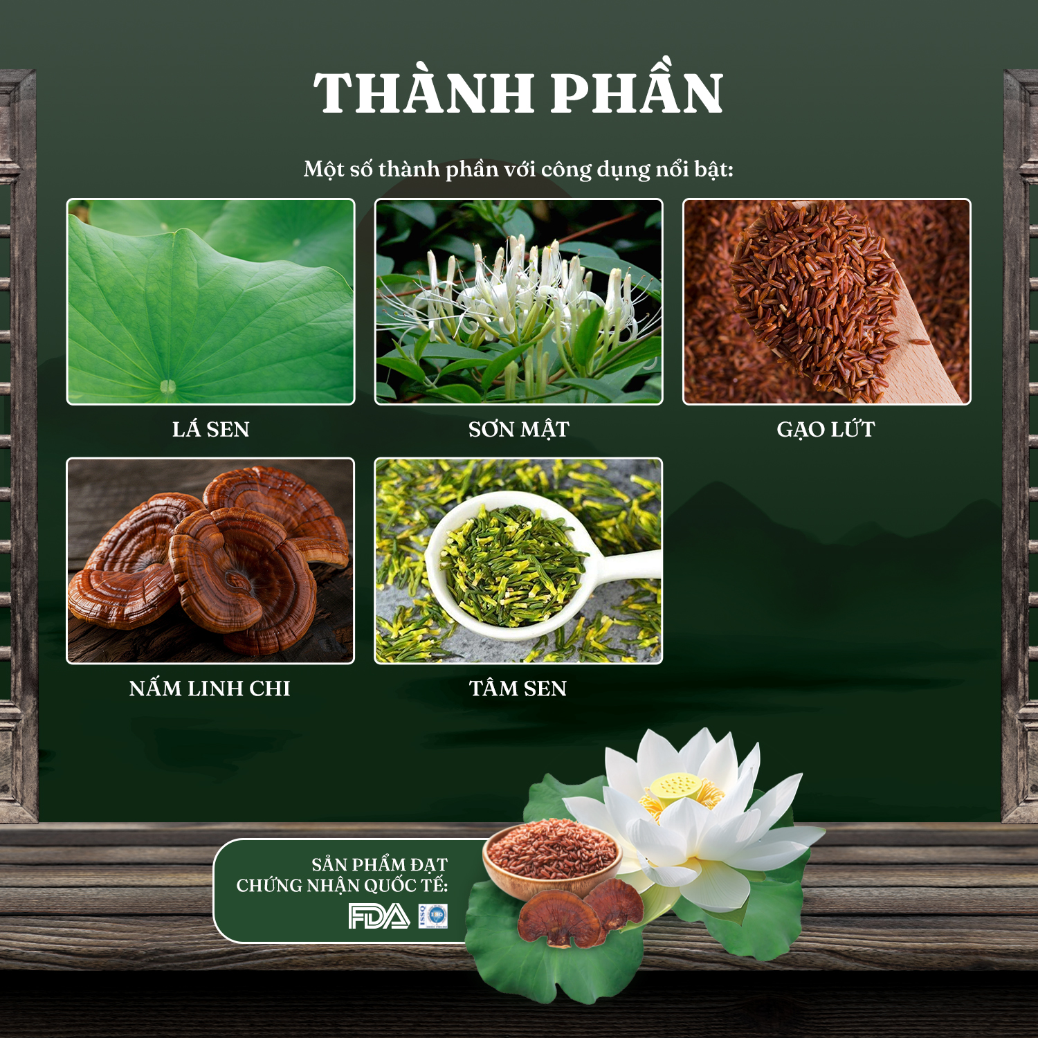 Thành phần có trong trà sen gạo lứt linh chi